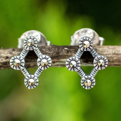 Marcasite button earrings, 'Points of Light' - Rhombus Shaped Sterling Silver and Marcasite Earrings