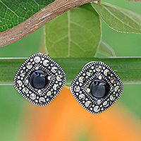 Onyx and marcasite button earrings, 'Vintage Belle' - Vintage Style Onyx and Marcasite 925 Silver Button Earrings
