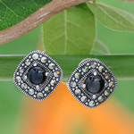 Onyx and marcasite button earrings, 'Vintage Belle' - Vintage Style Onyx and Marcasite 925 Silver Button Earrings