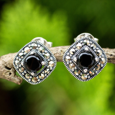 Onyx and marcasite button earrings, 'Vintage Belle' - Vintage Style Onyx and Marcasite 925 Silver Button Earrings