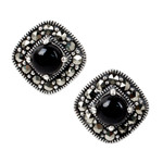 Onyx and marcasite button earrings, 'Vintage Belle' - Vintage Style Onyx and Marcasite 925 Silver Button Earrings