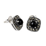 Onyx and marcasite button earrings, 'Vintage Belle' - Vintage Style Onyx and Marcasite 925 Silver Button Earrings