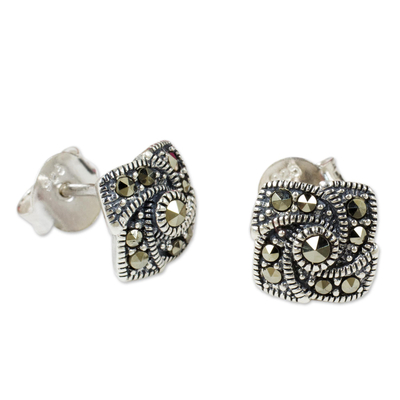 Marcasite button earrings, 'Starlight Pinwheels' - Modern Style 925 Sterling Silver Earrings with Marcasite