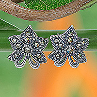 Pendientes flor de marcasita - Pendientes Flor Orquídea de Plata de Ley con Marcasitas