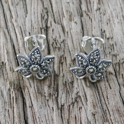 Marcasite flower earrings, 'Dewkissed Orchids' - Sterling Silver Orchid Flower Earrings with Marcasite