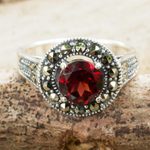 Garnet single stone ring, 'Contemporary Belle' - Garnet and Marcasite Sterling Silver Ring Artisan Jewelry