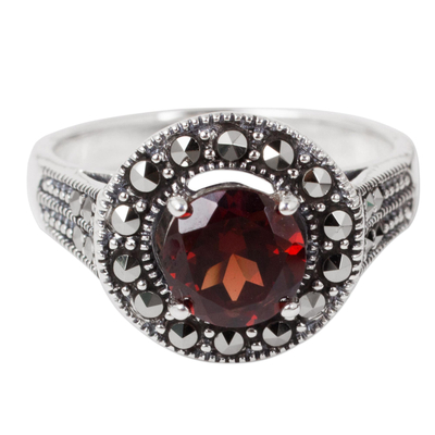 Garnet single stone ring, 'Contemporary Belle' - Garnet and Marcasite Sterling Silver Ring Artisan Jewellery