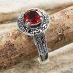 Garnet single stone ring, 'Contemporary Belle' - Garnet and Marcasite Sterling Silver Ring Artisan Jewelry