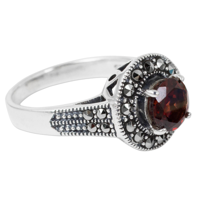 Garnet single stone ring, 'Contemporary Belle' - Garnet and Marcasite Sterling Silver Ring Artisan Jewelry