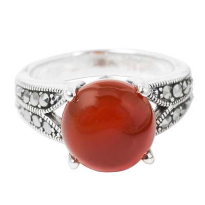 Carnelian and Marcasite on Thai Style Sterling Silver Ring