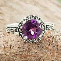 Amethyst single stone ring, 'Contemporary Belle' - Amethyst and Marcasite Sterling Silver Ring Artisan Jewellery