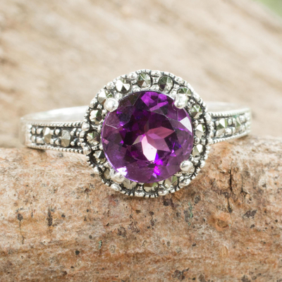 Amethyst single stone ring, 'Contemporary Belle' - Amethyst and Marcasite Sterling Silver Ring Artisan Jewelry