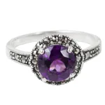 Amethyst single stone ring, 'Contemporary Belle' - Amethyst and Marcasite Sterling Silver Ring Artisan Jewelry