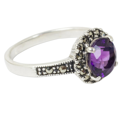 Amethyst single stone ring, 'Contemporary Belle' - Amethyst and Marcasite Sterling Silver Ring Artisan Jewelry