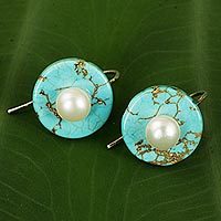 Calcite and cultured pearl drop earrings, 'Bohemian Moon' - Turquoise Color Calcite Earrings with Cultured Pearls