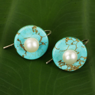 Calcite and cultured pearl drop earrings, 'Bohemian Moon' - Turquoise colour Calcite Earrings with Cultured Pearls