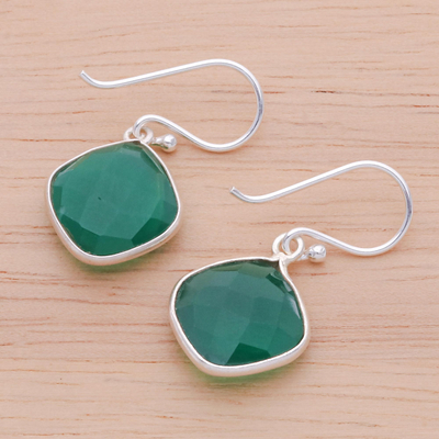 Onyx dangle earrings, 'Verdant Moon' - Thai Handcrafted Sterling Silver and Green Onyx Earrings