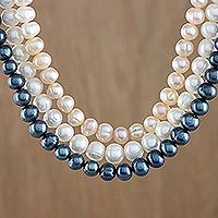 Cultured pearl strand necklace, 'Pastel Halo' - Triple Strand Tri Color Cultured Pearl Matinee Length Neckla