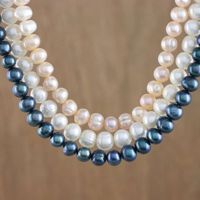 Cultured pearl strand necklace, 'Pastel Halo' - Triple Strand Tri colour Cultured Pearl Matinee Length Neckl