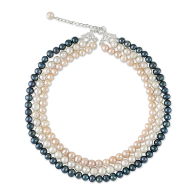 Cultured pearl strand necklace, 'Pastel Halo' - Three Strand Cultured Pearl Necklace from Thailand