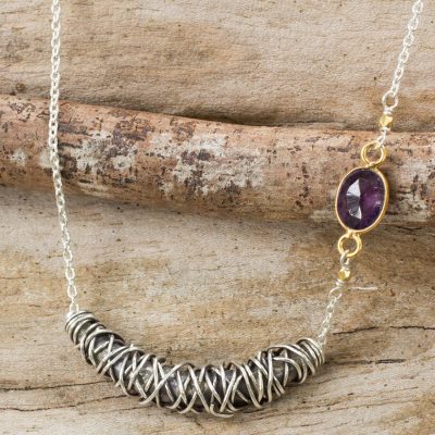 Gold accent amethyst pendant necklace, 'Karen Cocoon' - Hill Tribe Silver Necklace with Amethyst and Gold Accents