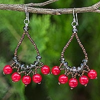 Beaded earrings, 'Red Harmony' - Artisan Crafted Brown Red Beaded Silver Hook Earrings