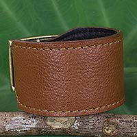 Leather wristband bracelet, 'Courage in Chocolate Brown' - Thai Handcrafted Chunky Brown Leather Wristband