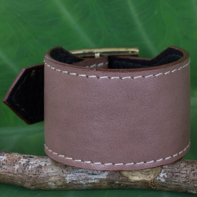 Leather wristband bracelet, 'Courage in Versatile Grey' - Thai Handcrafted Leather Wristband in Grey-Brown