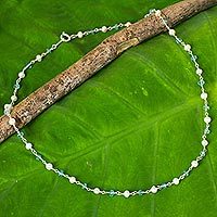 Cultured pearl and apatite strand necklace, 'Luminous Morn' - Thai White Pearl and Silver Strand Necklace with Apatite