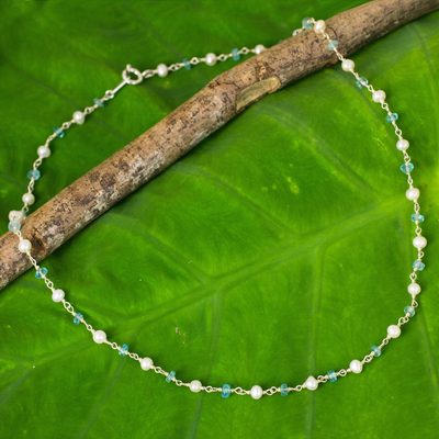 Cultured pearl and apatite strand necklace, 'Luminous Morn' - Thai White Pearl and Silver Strand Necklace with Apatite