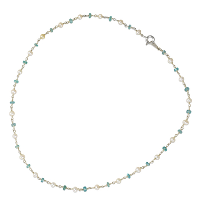 Collar de perlas cultivadas y hilo de apatita - Collar de perlas blancas tailandesas y tiras de plata con apatito