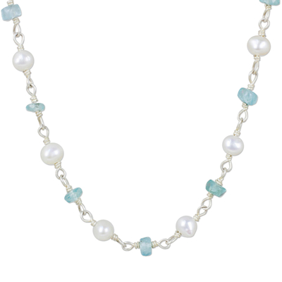 Cultured pearl and apatite strand necklace, 'Luminous Morn' - Thai White Pearl and Silver Strand Necklace with Apatite