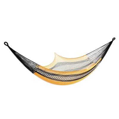 Cotton rope hammock, 'True Relaxation' (double) - Hand Crafted Rope Style Hammock in Yellow and Black (Double)