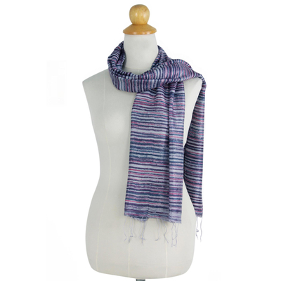 Silk scarf, 'Purple Iridescence' - Hand Spun Silk Scarf Woven in Purple Blue and Grey