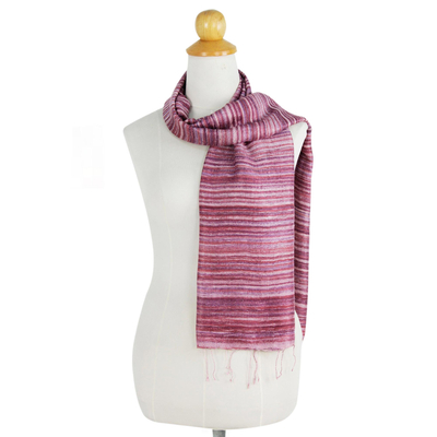 Bufanda de seda, 'Crimson Iridescent' - Bufanda tejida a mano roja púrpura y rosa 100% seda