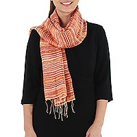 Silk scarf, 'Orange Iridescence' - Hand Spun Silk Scarf Woven in Orange Yellow and Red