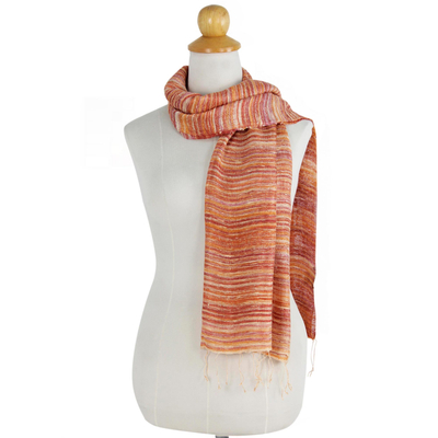 Silk scarf, 'Orange Iridescence' - Hand Spun Silk Scarf Woven in Orange Yellow and Red
