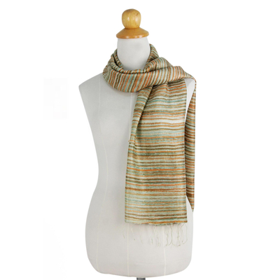Silk scarf, 'Olive Orange Iridescence' - Hand Spun Silk Olive Green and Orange Scarf from Thailand