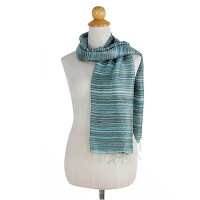 Silk scarf, 'Teal Iridescence' - Hand Spun Silk Scarf Woven in Teal and Green