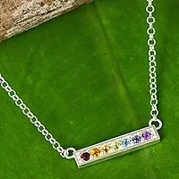 Multi-gemstone pendant necklace, 'Rainbow Chakra' - Multi Gemstone Chakra Pendant Necklace in Sterling Silver