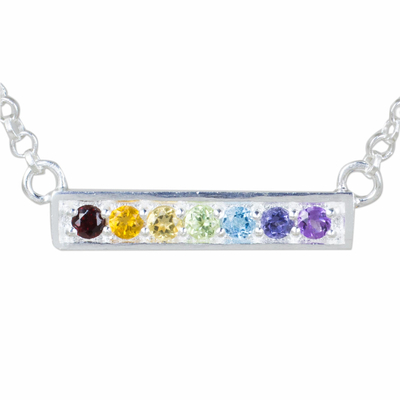 Multi-gemstone pendant necklace, 'Rainbow Chakra' - Multi Gemstone Chakra Pendant Necklace in Sterling Silver