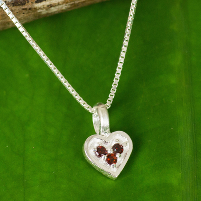 Garnet pendant necklace, 'Heart's Treasure' - Heart Shaped Pendant Necklace with Three Garnets