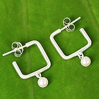Cultured pearl half-hoop earrings, 'Femininity Squared' - Cultured Pearl and Brushed Satin Silver Half Hoop Earrings