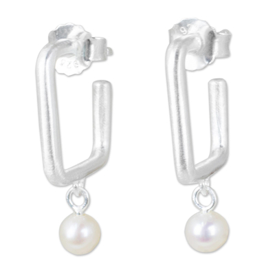 Cultured pearl half-hoop earrings, 'Femininity Squared' - Cultured Pearl and Brushed Satin Silver Half Hoop Earrings