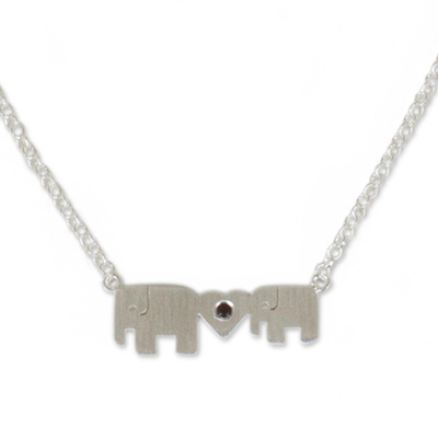 Garnet pendant necklace, 'Mother Love' - Elephant Pendant Necklace in Sterling Silver with Garnet