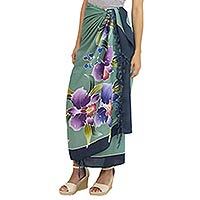 Rayon batik sarong, 'Thai Summer' - Artisan Crafted Rayon Floral Green and Dark Teal Sarong