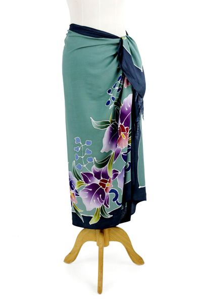 Rayon batik sarong, 'Thai Summer' - Artisan Crafted Rayon Floral Green and Dark Teal Sarong