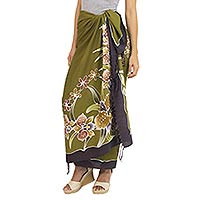 Rayon batik sarong, 'Autumn Cattleya' - Handmade Olive Green Rayon Sarong with Floral Motif