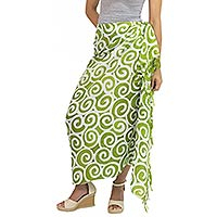 Handcrafted Thai Silk Batik Sarong in Green and White,'Lime Spiral'