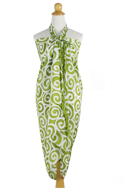 Silk batik sarong, 'Lime Spiral' - Handcrafted Thai Silk Batik Sarong in Green and White